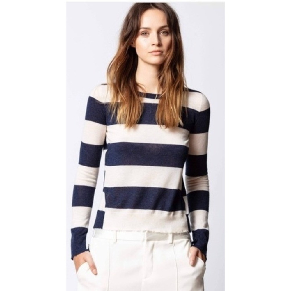 Zadig & Voltaire Source Striped Cashmere Sweater, Frayed Hem, Black & White, XS